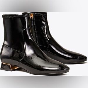 Tory Burch Womens Gigi Patent Stretch Ankle Boot Black and Gold Size 8.5